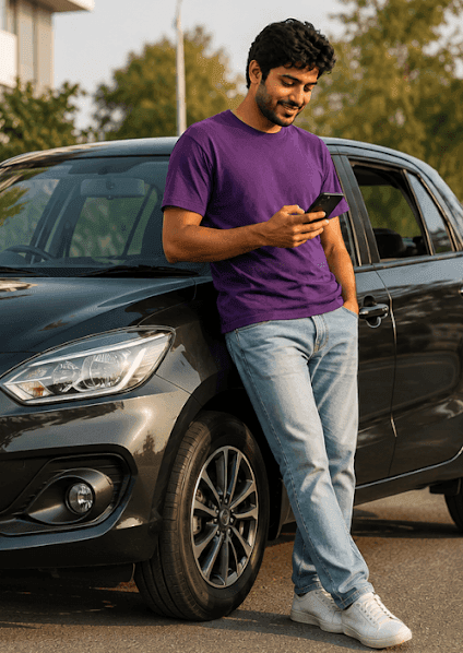 Young man in purple shirt leans on a car, smiling while looking at his phone.