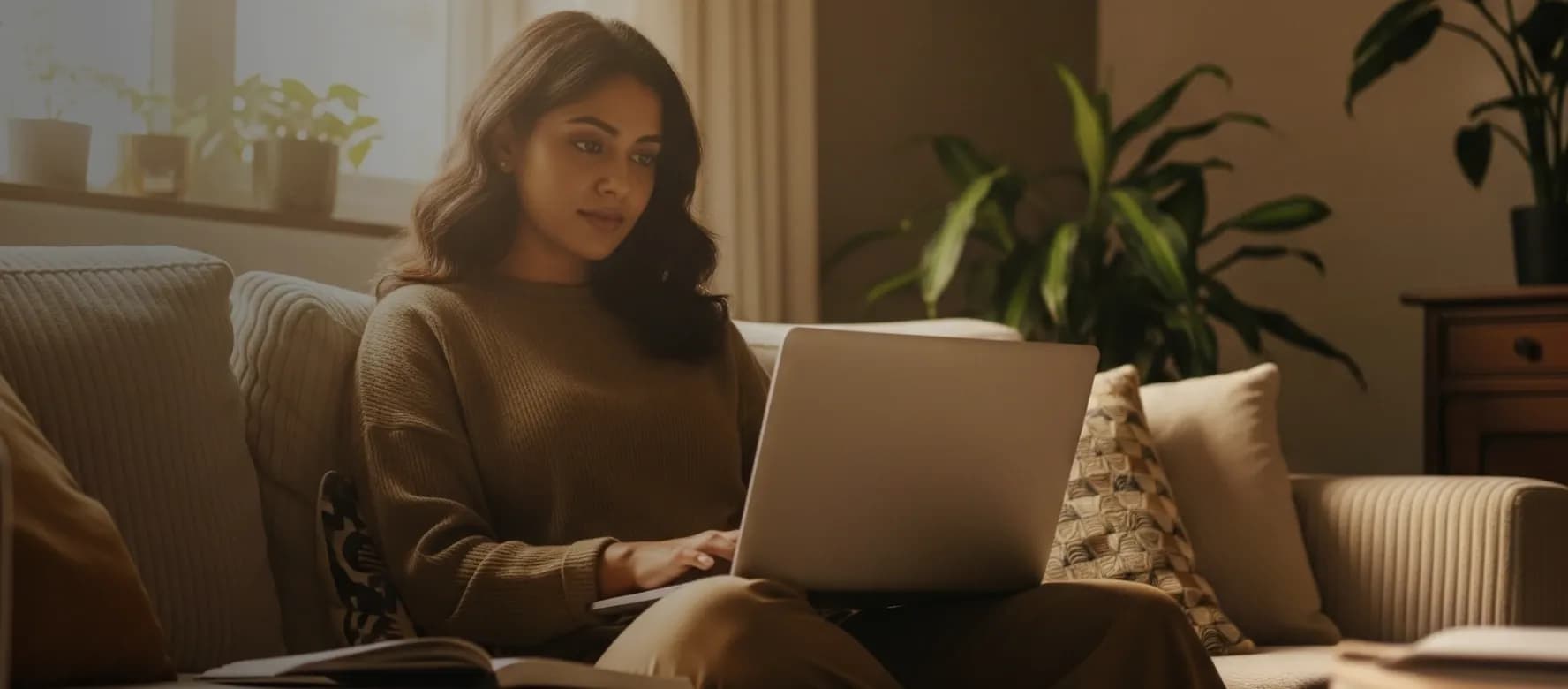 Young woman sits comfortably on a sofa, focused on typing on her laptop.