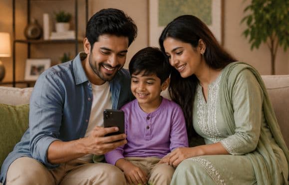 A smiling family, including a father, mother, and son, looks at a smartphone together.