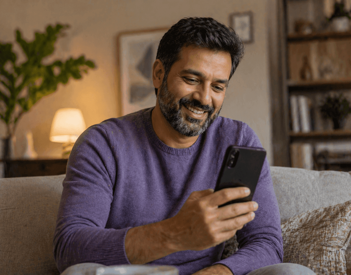Bearded man in purple sweater smiles at his smartphone while relaxing on a sofa.