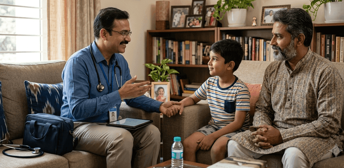 Doctor consults with a young boy and older man on a sofa at home.