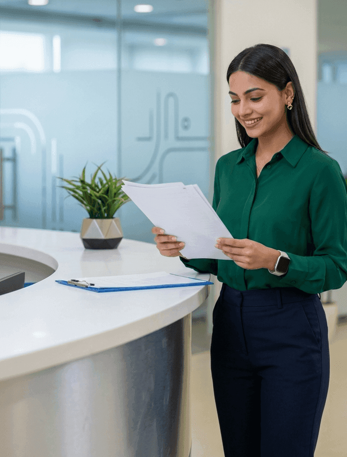 Smiling professional woman reading documents at a modern reception desk in an office.