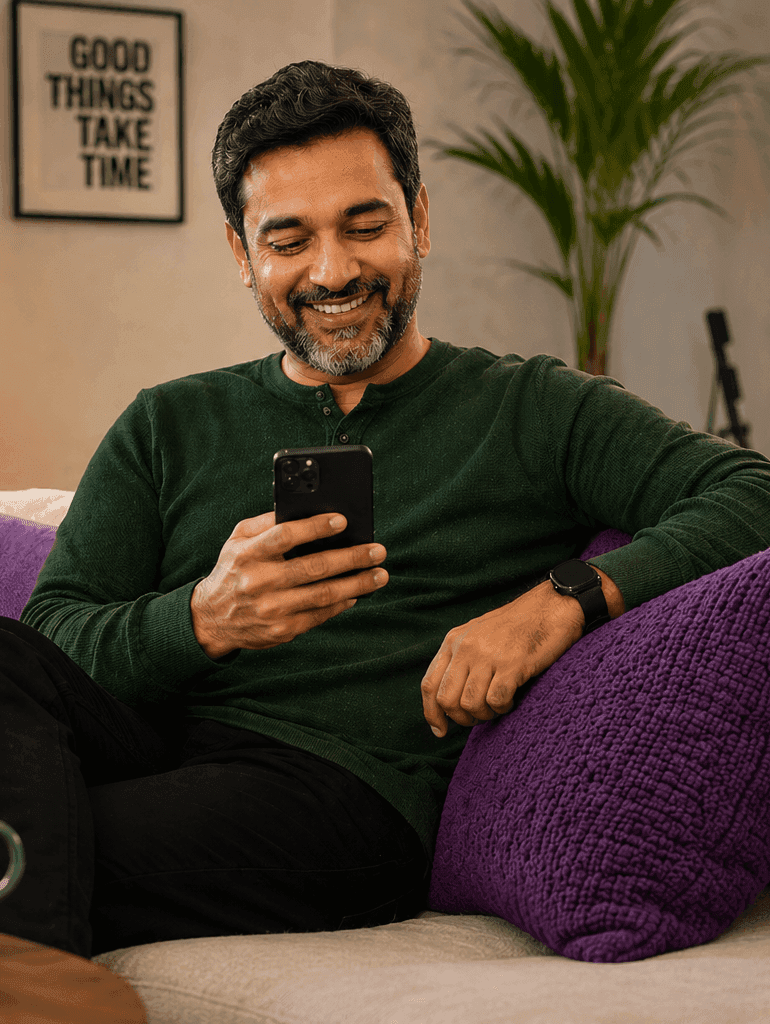 Smiling man with a beard seated on a couch looking at his smartphone.