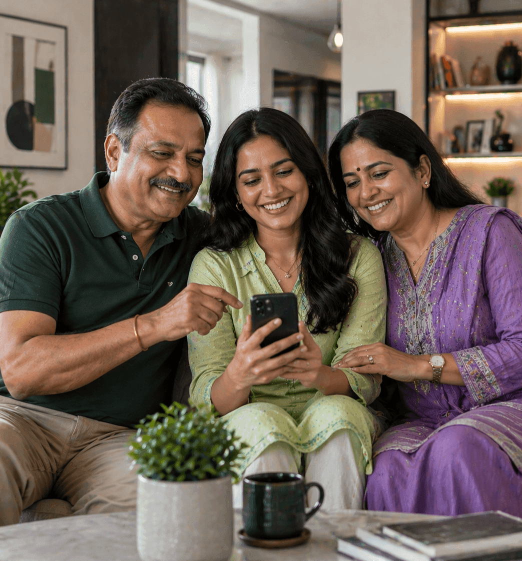 Smiling family, parents and daughter, engaging with a smartphone together on a couch.
