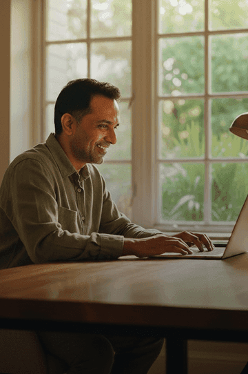A smiling man works on a laptop at a desk with a lamp by a window.