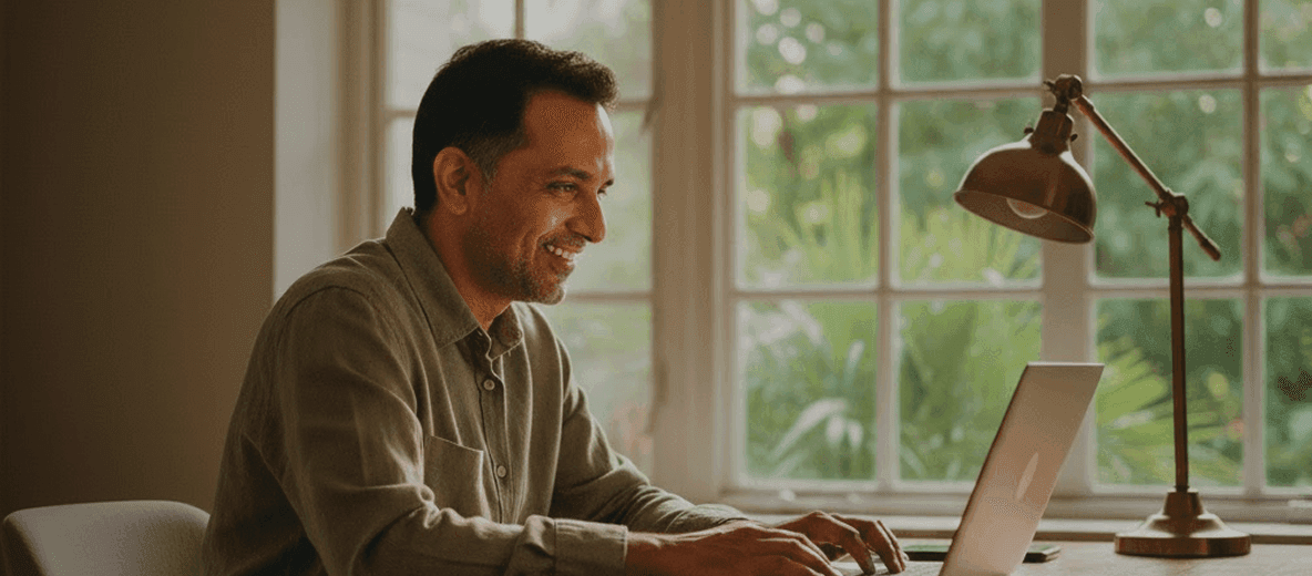 A smiling man works on a laptop at a desk with a lamp by a window.