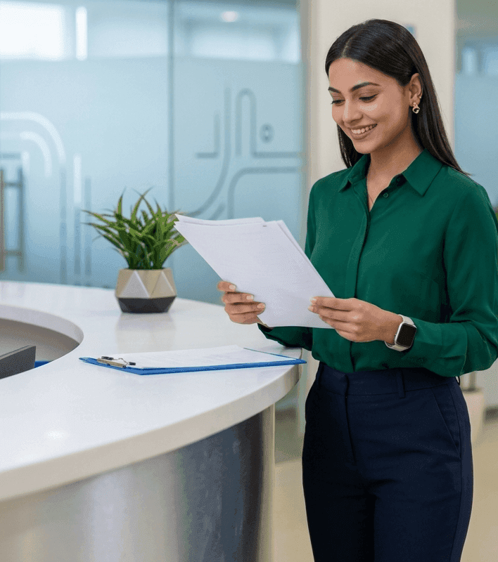 Smiling woman at a reception desk reviewing documents.