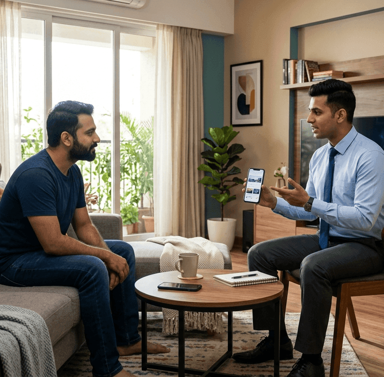 Two men in a living room; one shows content on a smartphone to the other.