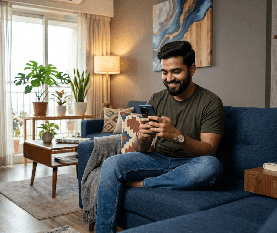 Smiling man on sofa using smartphone in a well-lit modern living room.