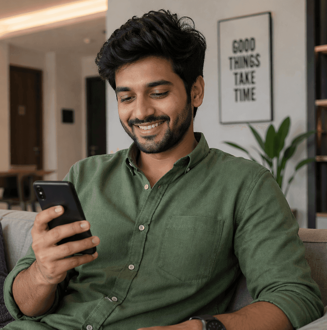 Smiling man in a green shirt looking at his smartphone while sitting on a sofa.