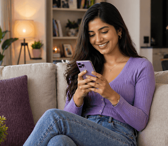 A young woman smiles while sitting on a couch, looking at her purple smartphone.