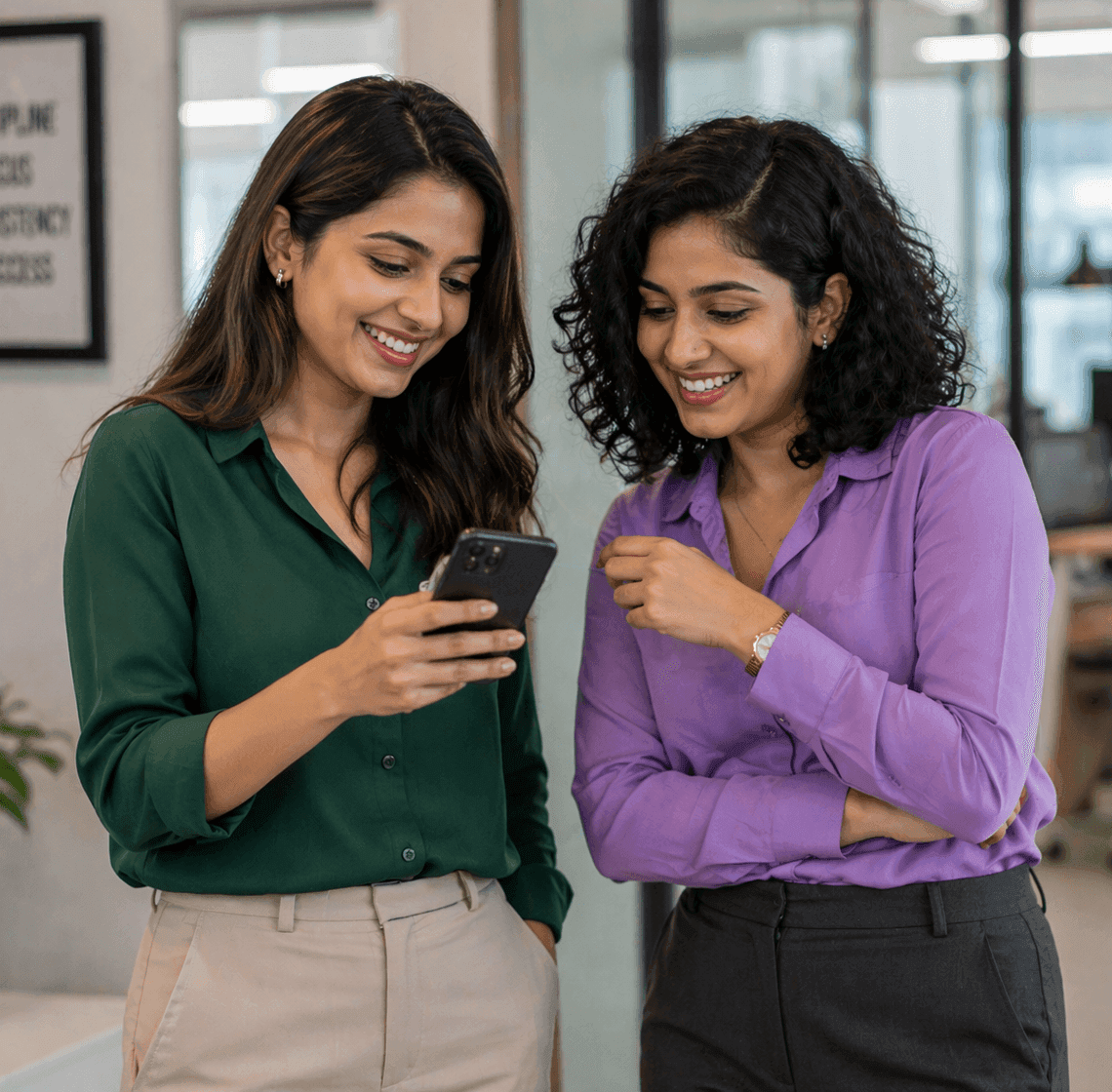 Two smiling young women in an office looking at a smartphone together.