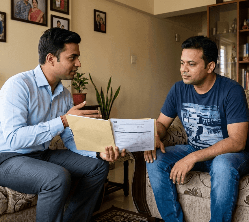 Two men discussing documents in a living room, one gesturing with papers.